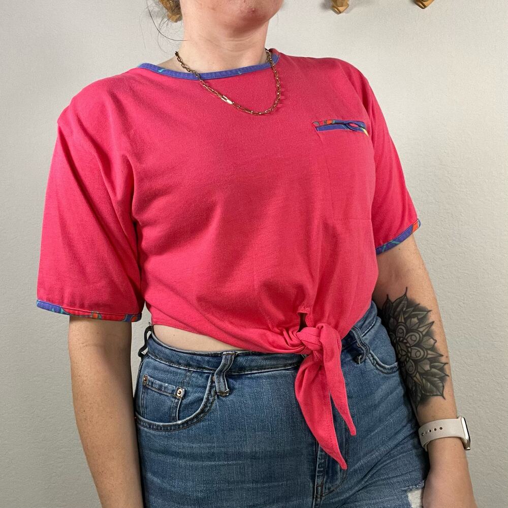 Vintage 62 East Pink Tie-Front Crop Top with Multi-color Border Size Small